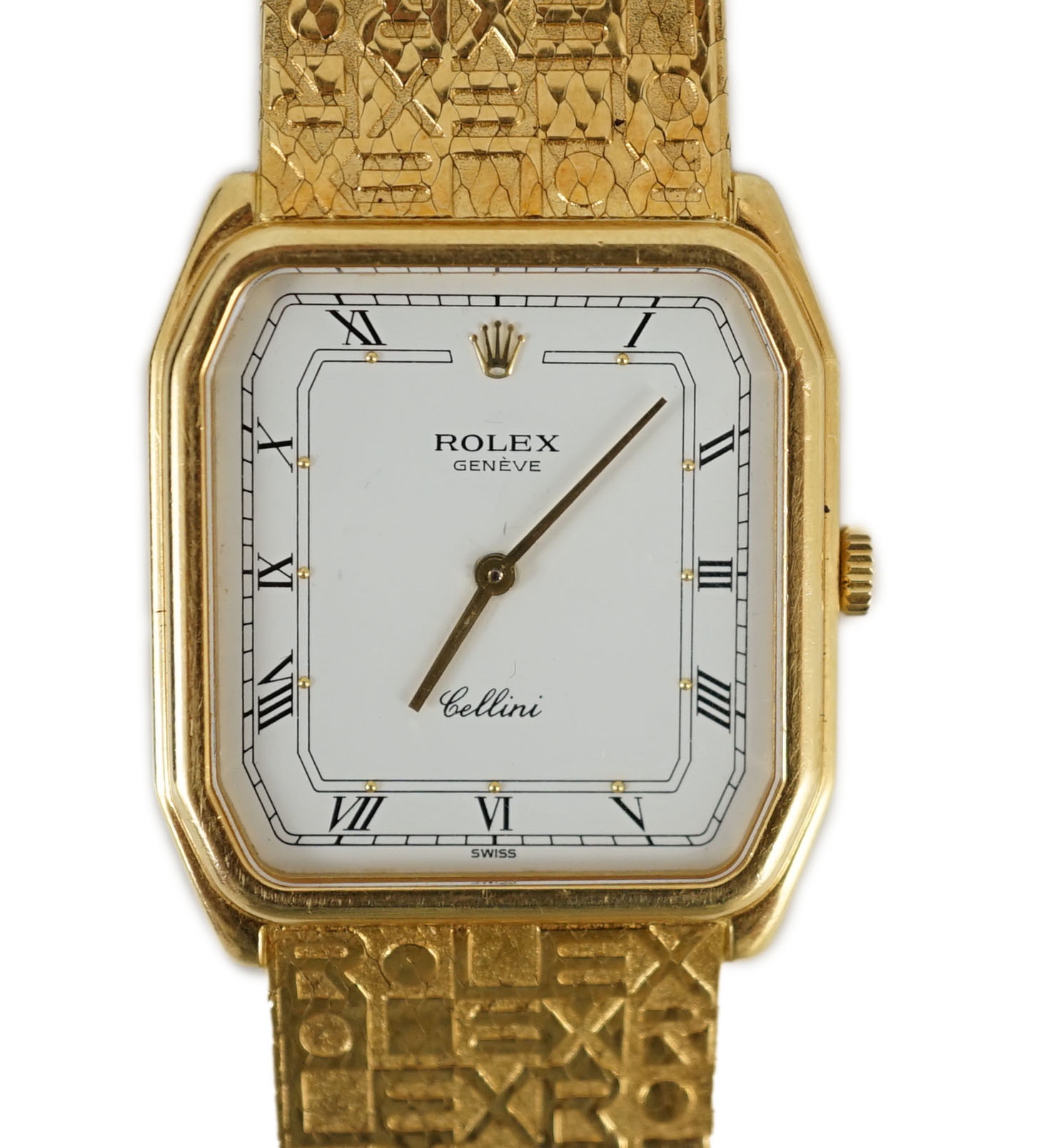 A gentleman's 1980's 18ct gold Rolex Cellini manual wind dress octagonal wrist watch, on 18ct gold Rolex bracelet embossed with the word 'Rolex'